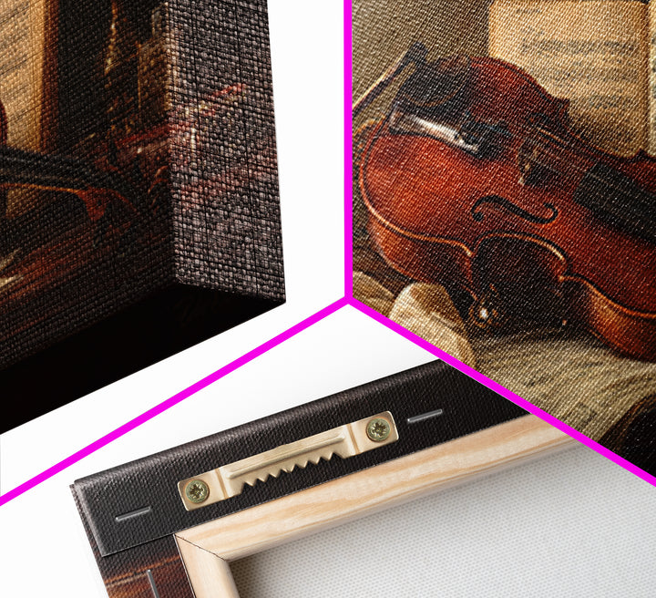 Baroque Violin and Sheet Music Still Life Framed Canvas Print, Baroque Art, Eclectic Wall Art, Living Room Decor, Ornate, BAO-2x1-79