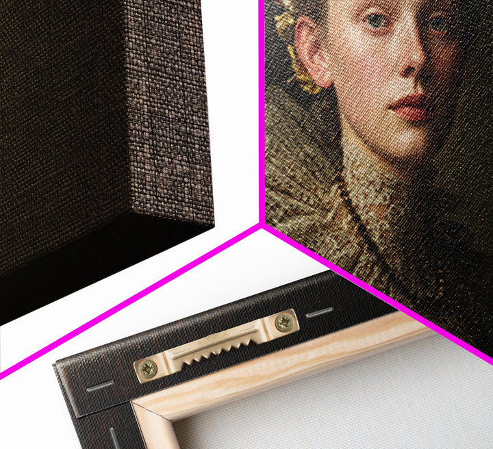 Classical Portrait with Lace Collar and Jewel Framed Canvas Print, Baroque Art, Oil Painting, Living Room Decor, Ornate, BAO-2x1-99
