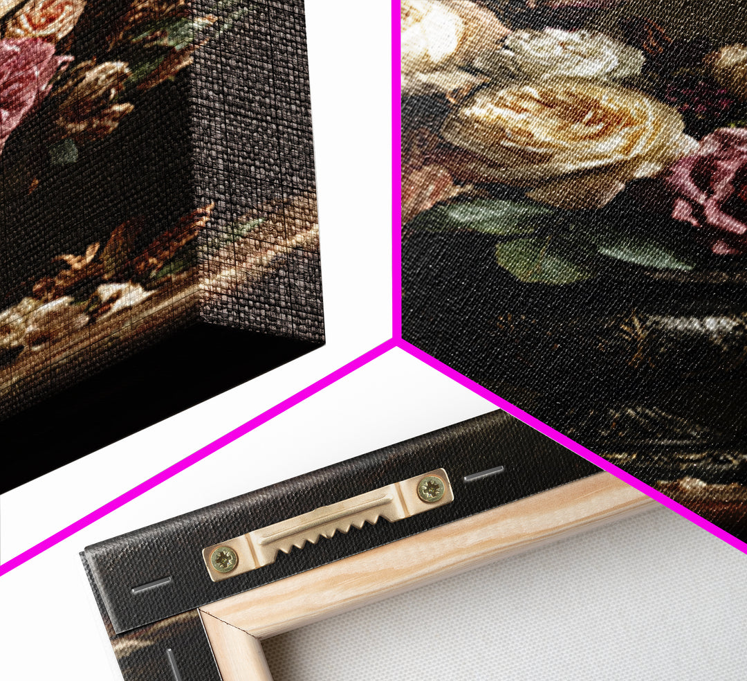 Dark Floral Arrangement Framed Canvas Print, Baroque Art, Feminist Art, Living Room Decor, Fine Art, Ornate, Luxury Decor, BAO-2x3-12