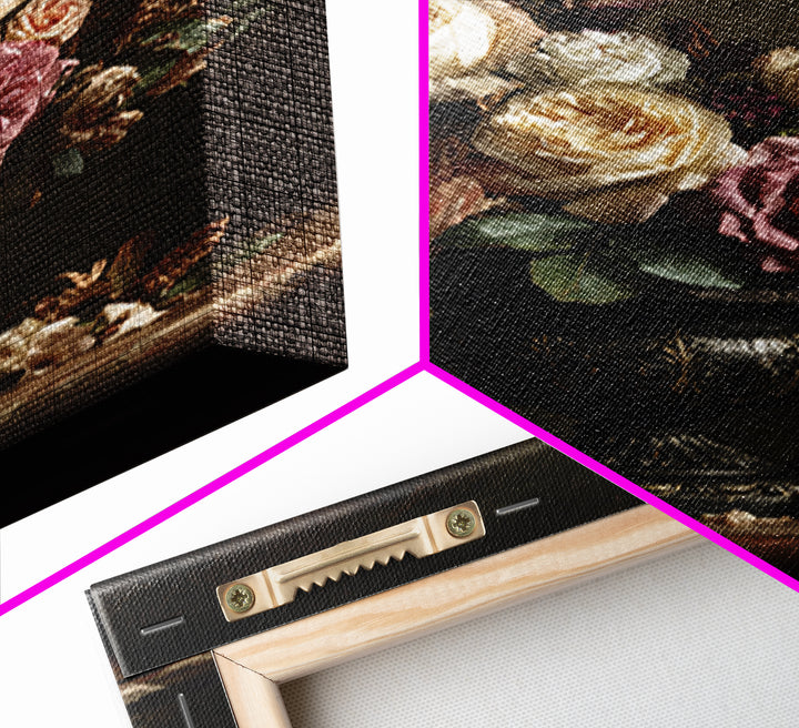 Dark Floral Arrangement Framed Canvas Print, Baroque Art, Feminist Art, Living Room Decor, Fine Art, Ornate, Luxury Decor, BAO-2x3-12