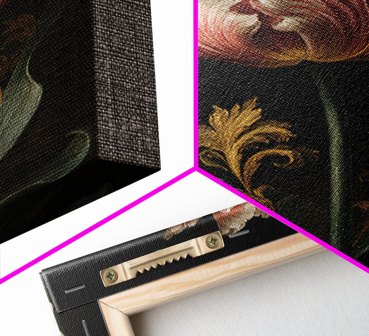 Black Background Tulips Framed Canvas Print, Baroque Art, Oil Painting, Living Room Decor, Fine Art, Ornate, Eclectic Wall Art, BAO-2x3-24
