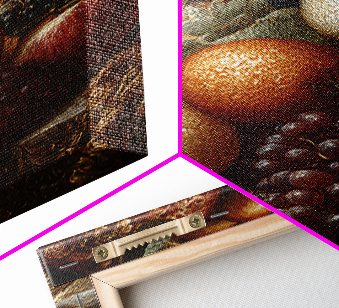 Lavish Banquet Fruit Composition Framed Canvas Print, Baroque Art, Textured Painting, Living Room Decor, Fine Art, Ornate, BAO-2x3-28