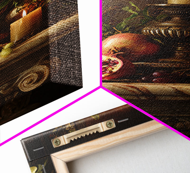 Pomegranate and Grapes on a Marble Ledge Framed Canvas Print, Baroque Art, Dark Academia Art, Living Room Decor, Ornate, BAO-2x3-64