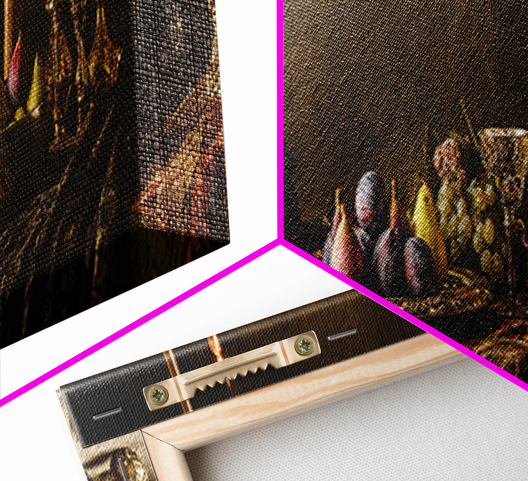 Candlelit Table with Silver Goblet and Figs Canvas Print, Baroque Art, Poster, Living Room Decor, Oil Painting, Ornate, BAO-3x1-29