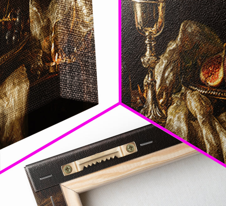 Candlelit Table with Silver Goblet and Figs Framed Canvas Print, Baroque Art, Oil Painting, Living Room Decor, Fine Art, Ornate, BAO-3x1-53