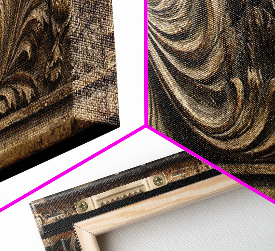 Carved Acanthus Leaf Ornament Study Framed Canvas Print, Baroque Art, Boho Decor, Living Room Decor, Oil Painting, Ornate, BAO-3x1-55
