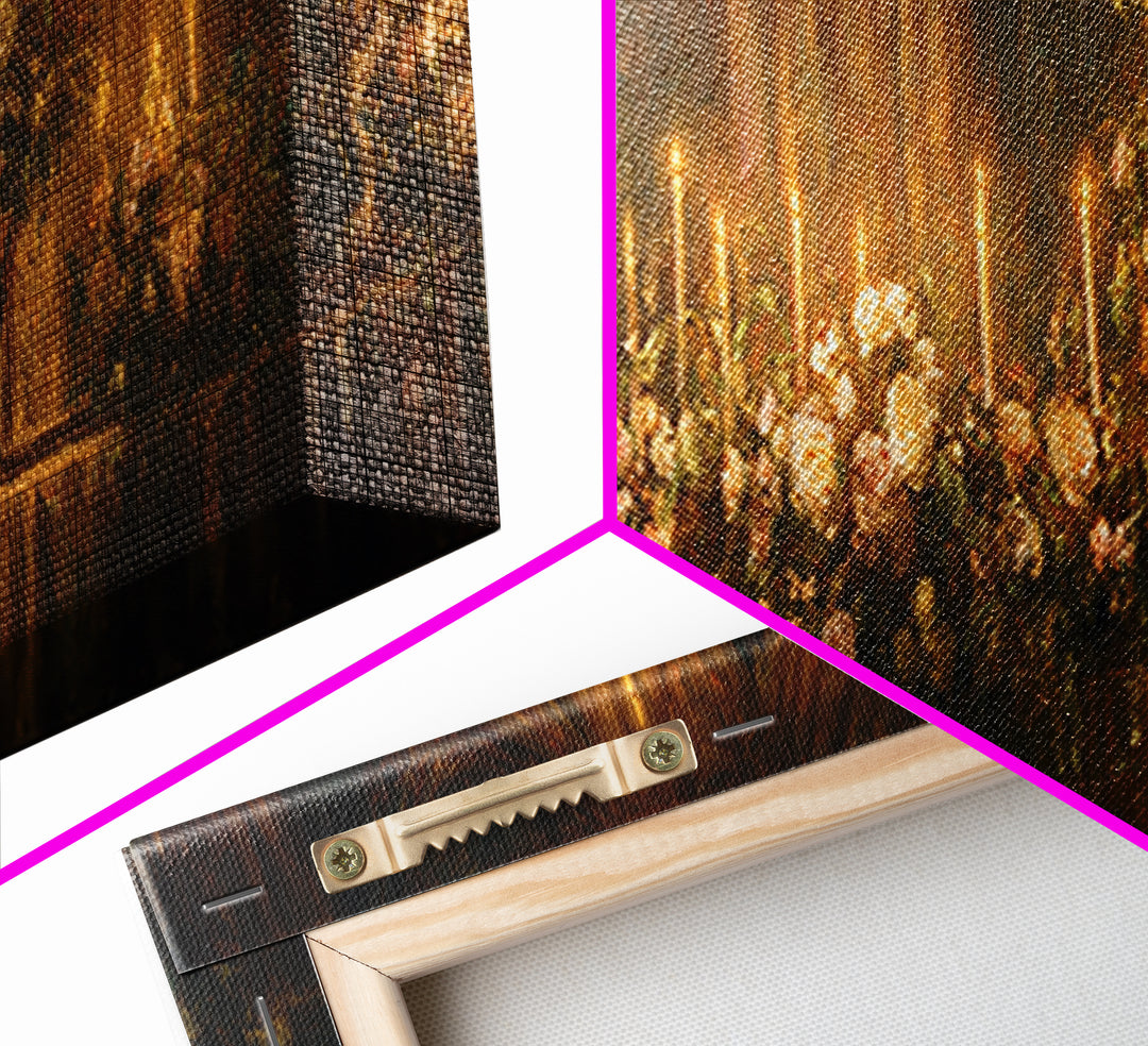 Velvet Drapery with Pearls Flowers and Candlelight Framed Canvas Print, Baroque Art, Wall Art, Living Room Decor, Ornate, BAO-3x1-67
