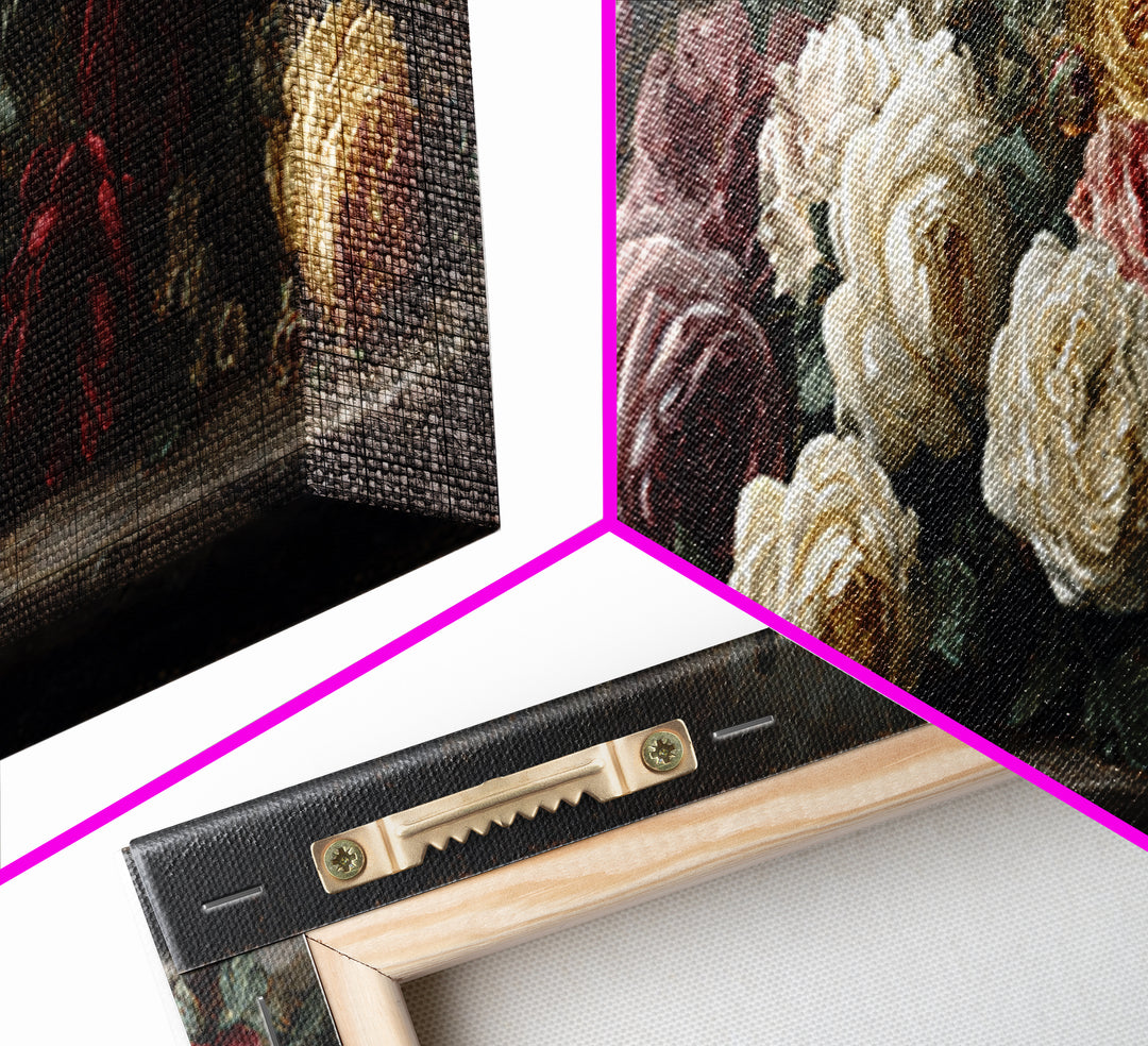 Dark Floral Arrangement Framed Canvas Print, Baroque Art, Room Decor, Living Room Decor, Fine Art, Ornate, Digital Wall Art, BAO-3x1-68