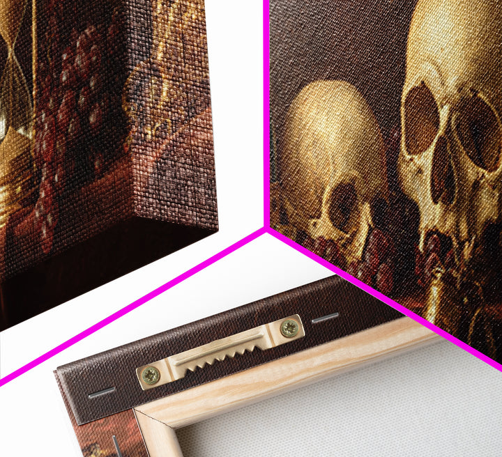 Skull and Hourglass Vanitas Still Life Framed Canvas Print, Baroque Art, Whimsical Decor, Living Room Decor, Fine Art, Ornate, BAO-3x1-69