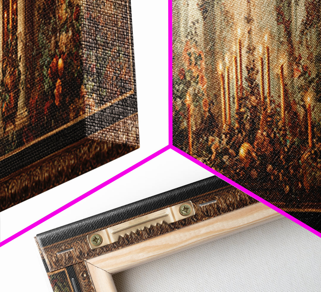 Ornate Gold Frame Illusion Around a Botanical Framed Canvas Print, Baroque Art, 3d Wall Art, Living Room Decor, Oil Painting, BAO-3x1-73
