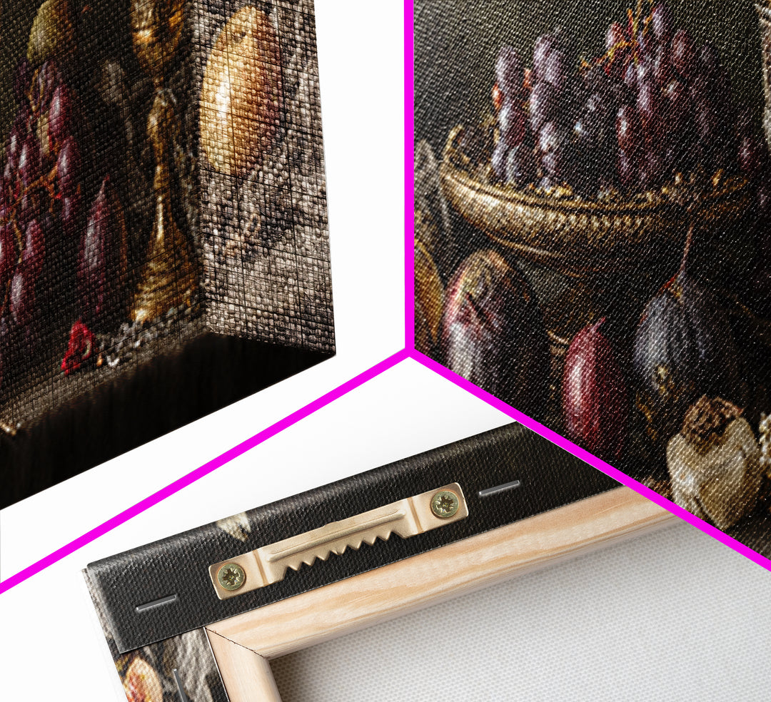 Candlelit Table with Silver Goblet and Figs Framed Canvas Print, Baroque Art, Oil Painting, Living Room Decor, Fine Art, Ornate, BAO-3x1-77