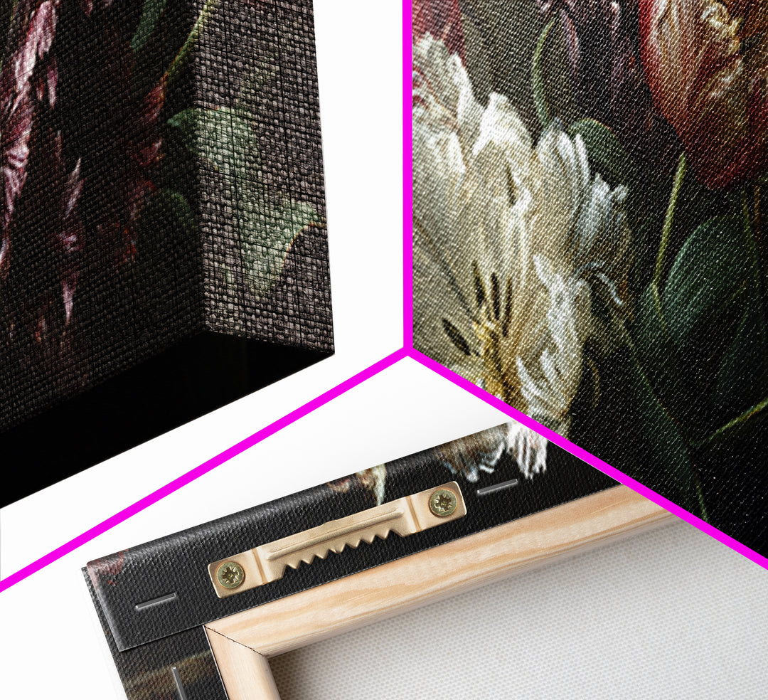 Black Background Tulips Canvas Print, Baroque Art, Minimalist Decor, Living Room Decor, Fine Art, Ornate, Whimsical Decor, BAO-3x1-80