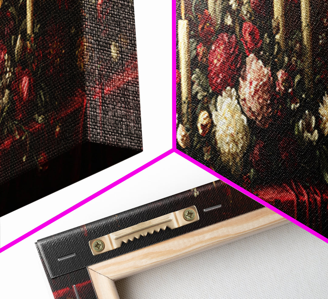 Velvet Drapery with Pearls Flowers and Candlelight Canvas Print, Baroque Art, Portrait Painting, Living Room Decor, Ornate, BAO-3x1-91