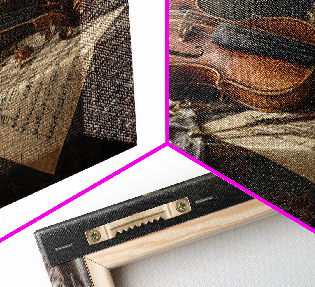 Baroque Violin and Sheet Music Still Life Framed Canvas Print, Baroque Art, Neutral Decor, Living Room Decor, Fine Art, Ornate, BAO-3x2-15