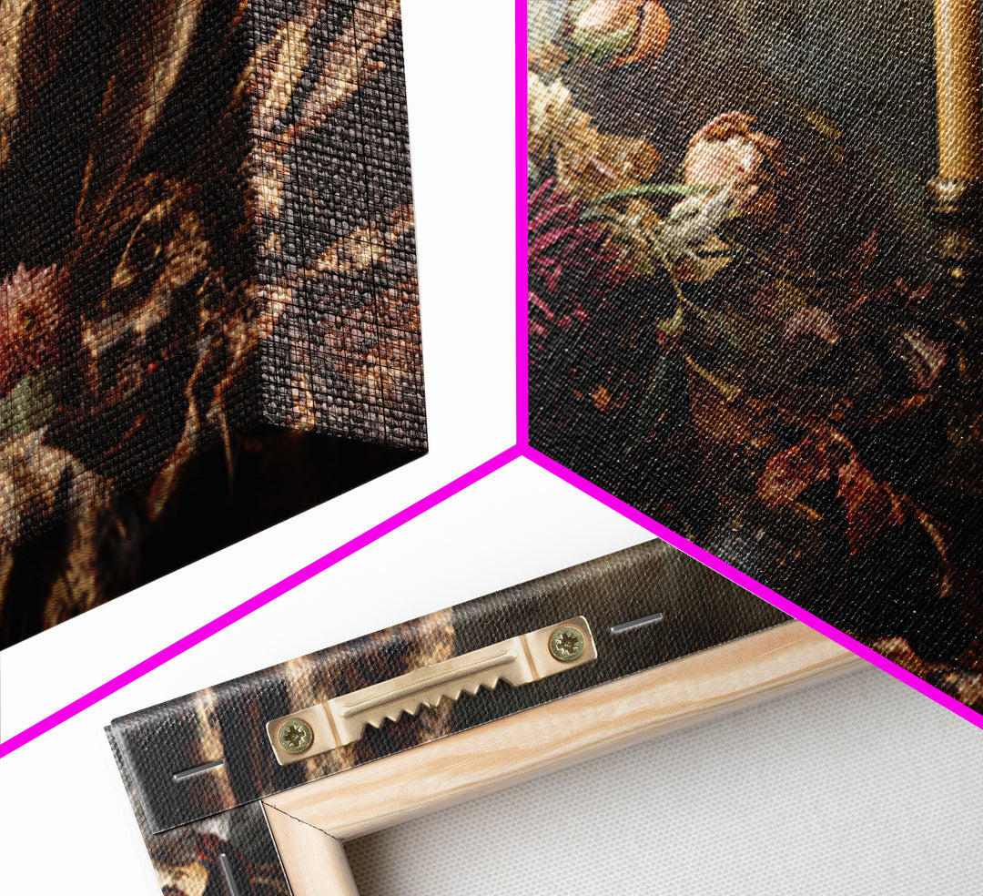 Velvet Drapery with Pearls Flowers and Candlelight Framed Canvas Print, Baroque Art, Painting, Living Room Decor, Ornate, BAO-3x2-31