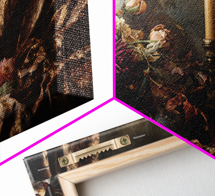Velvet Drapery with Pearls Flowers and Candlelight Framed Canvas Print, Baroque Art, Painting, Living Room Decor, Ornate, BAO-3x2-31