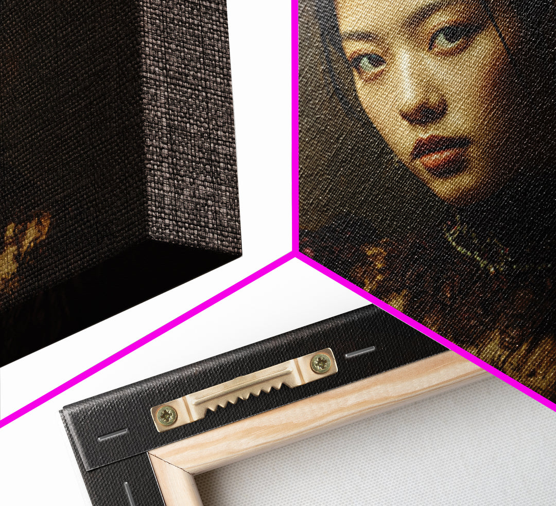 Classical Portrait with Lace Collar and Jewel Framed Canvas Print, Baroque Art, Decor, Living Room Decor, Oil Painting, Ornate, BAO-3x2-35