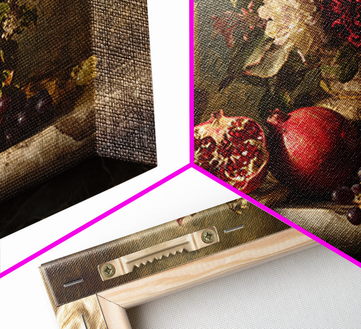 Pomegranate and Grapes on a Marble Ledge Framed Canvas Print, Baroque Art, Contemporary Art, Living Room Decor, Ornate, BAO-3x2-36