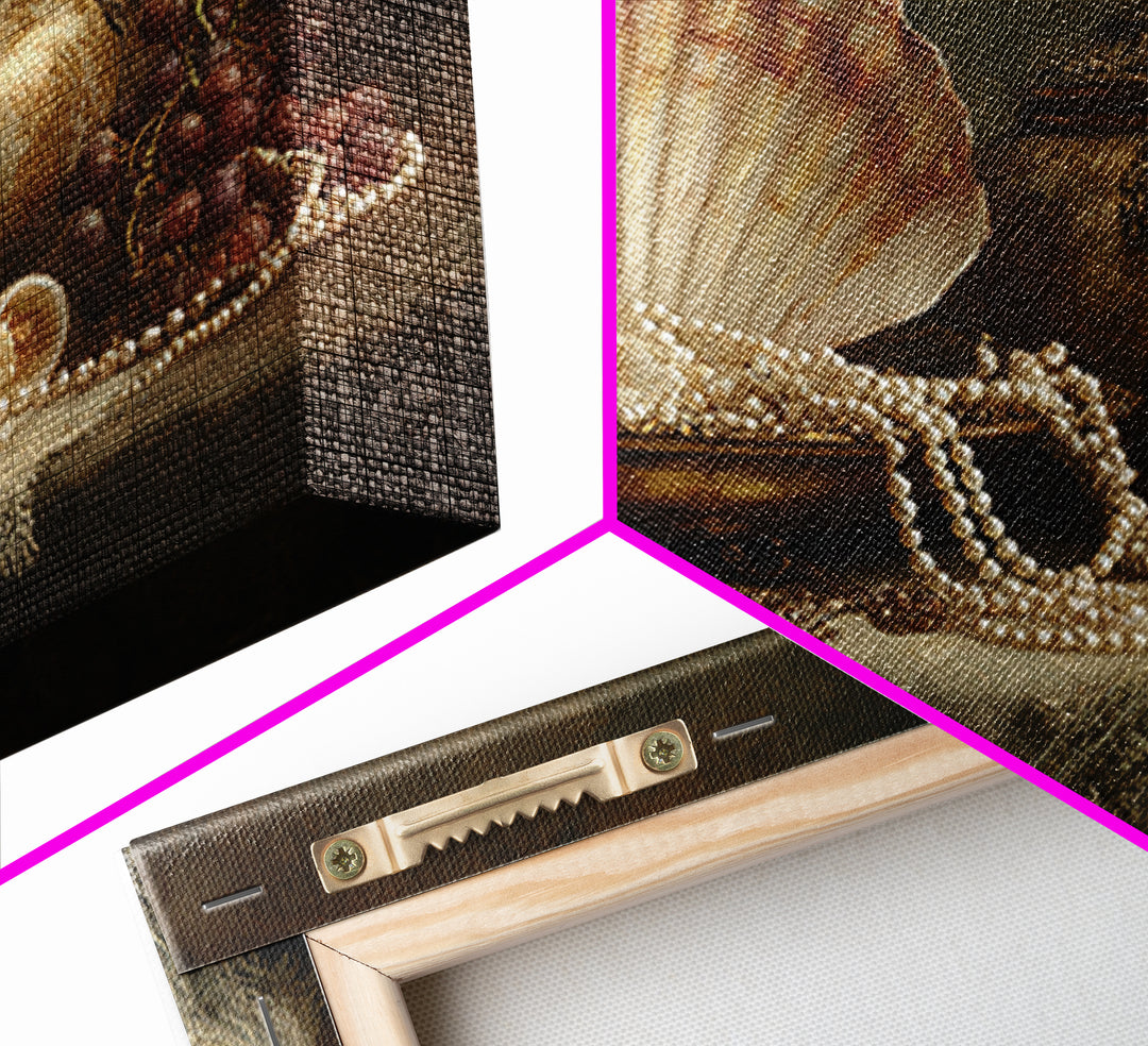 Ornamental Shell and Pearl Composition Framed Canvas Print, Baroque Art, Decor, Living Room Decor, Oil Painting, Ornate, BAO-3x2-50
