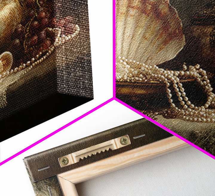 Ornamental Shell and Pearl Composition Framed Canvas Print, Baroque Art, Decor, Living Room Decor, Oil Painting, Ornate, BAO-3x2-50