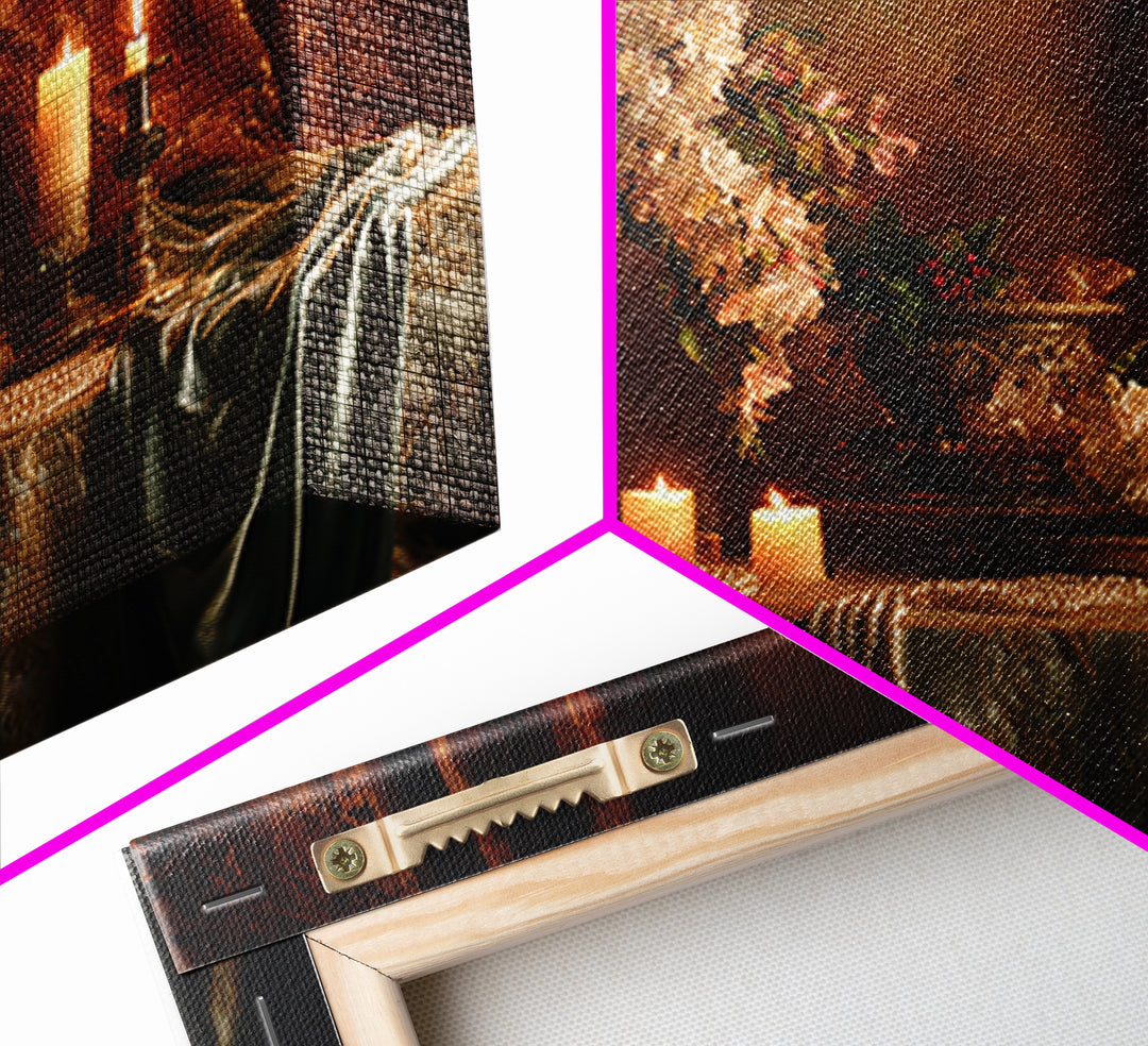 Velvet Drapery with Pearls Flowers and Candlelight Canvas Print, Baroque Art, Maximalist Wall Art, Living Room Decor, Ornate, BAO-3x2-55