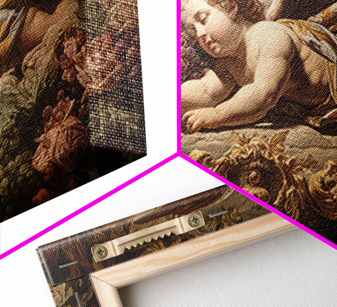 Ornate Cherub Figure Surrounded by Clouds and Framed Canvas Print, Baroque Art, Contemporary Art, Living Room Decor, Ornate, BAO-3x2-6