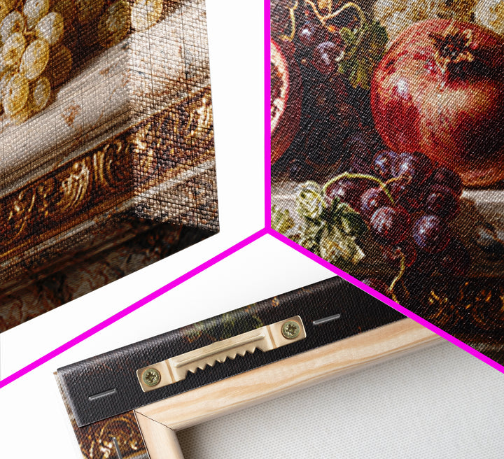 Pomegranate and Grapes on a Marble Ledge Framed Canvas Print, Baroque Art, Whimsical Decor, Living Room Decor, Fine Art, Ornate, BAO-3x2-60