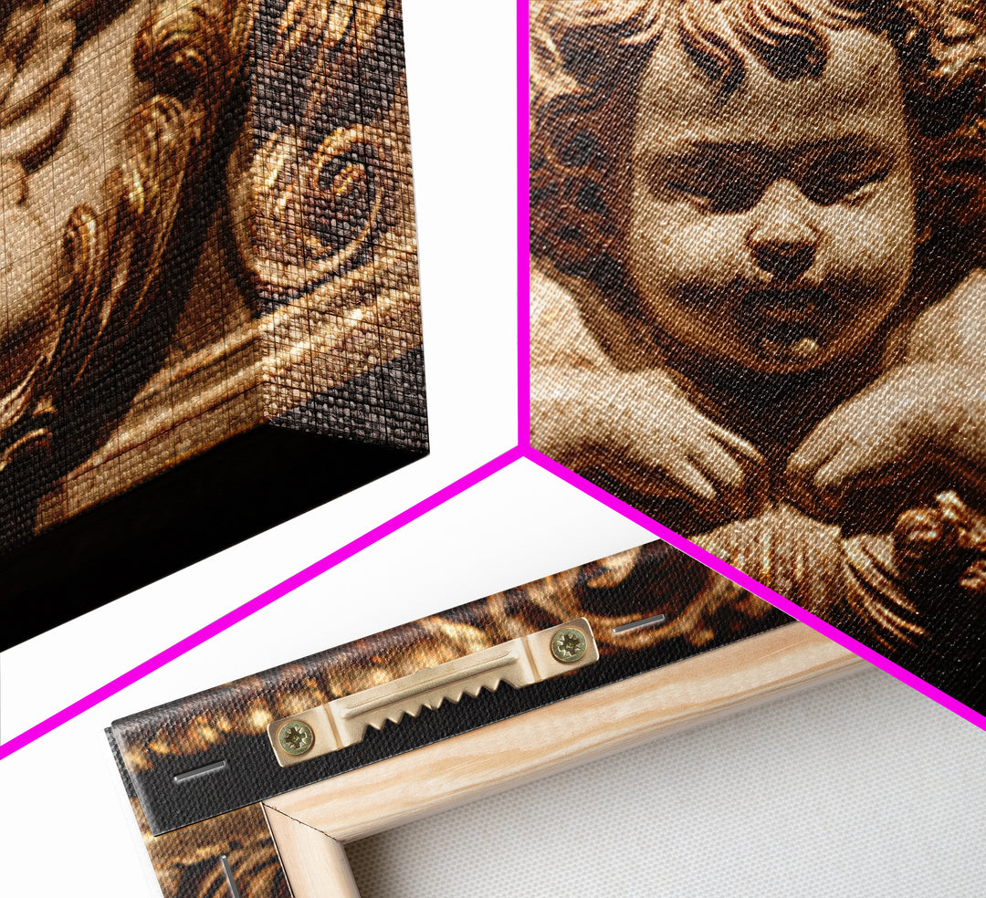 Ornate Cherub Figure Surrounded by Clouds and Framed Canvas Print, Baroque Art, Whimsical Decor, Living Room Decor, Ornate, BAO-3x2-78