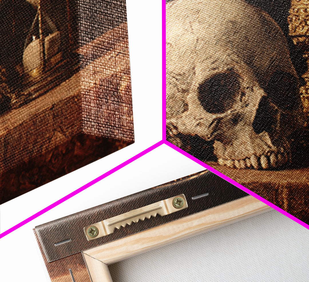 Skull and Hourglass Vanitas Still Life Framed Canvas Print, Baroque Art, Whimsical Decor, Living Room Decor, Fine Art, Ornate, BAO-3x2-81