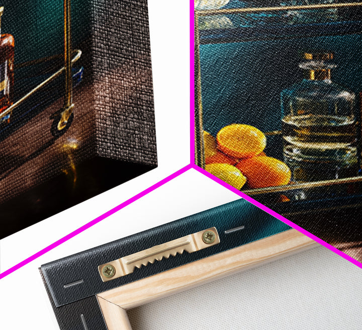 Luxury Emerald Bar Cart Arrangement Framed Canvas Print, Bar Art, Cocktail Wall Art, Bar Decor, Fine Art, Textured Painting, BAR-1x1-70
