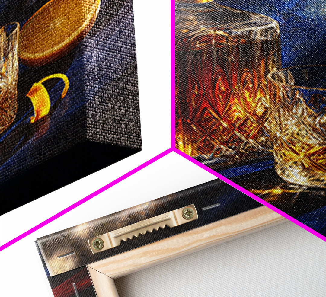 Whiskey Bottle and Cut Crystal Glass Framed Canvas Print, Bar Art, Fine Art Print, Bar Decor, Fine Art, Metal Wall Art, BAR-1x1-74