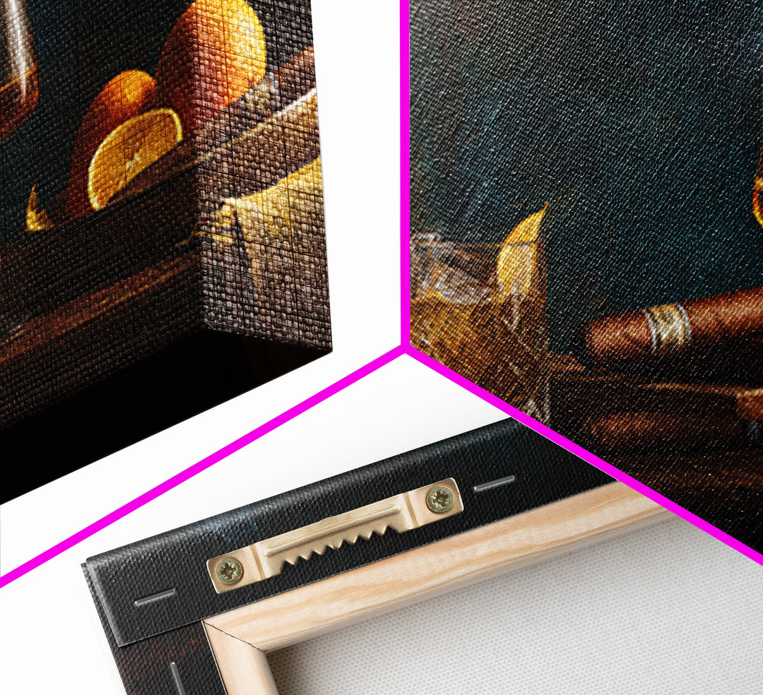 Dark Moody Cigar and Whiskey Still Life Framed Canvas Print, Bar Art, Bar Cart, Bar Decor, Watercolor Art, Kitchen Print, BAR-2x1-5