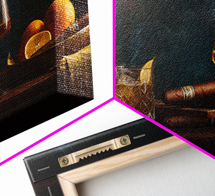 Dark Moody Cigar and Whiskey Still Life Framed Canvas Print, Bar Art, Bar Cart, Bar Decor, Watercolor Art, Kitchen Print, BAR-2x1-5