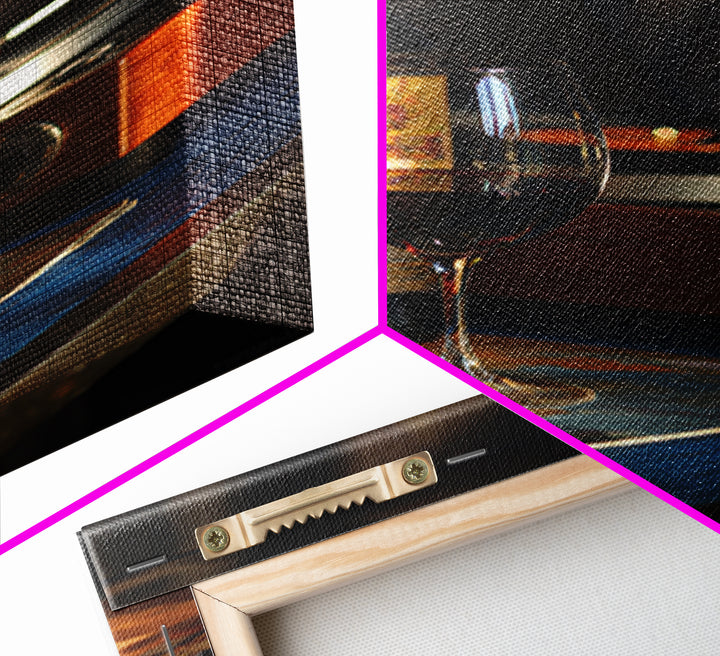 Wine and Record Player Lounge Still Life Framed Canvas Print, Bar Art, Canvas Wall Art, Bar Decor, Oil Painting, BAR-2x3-21