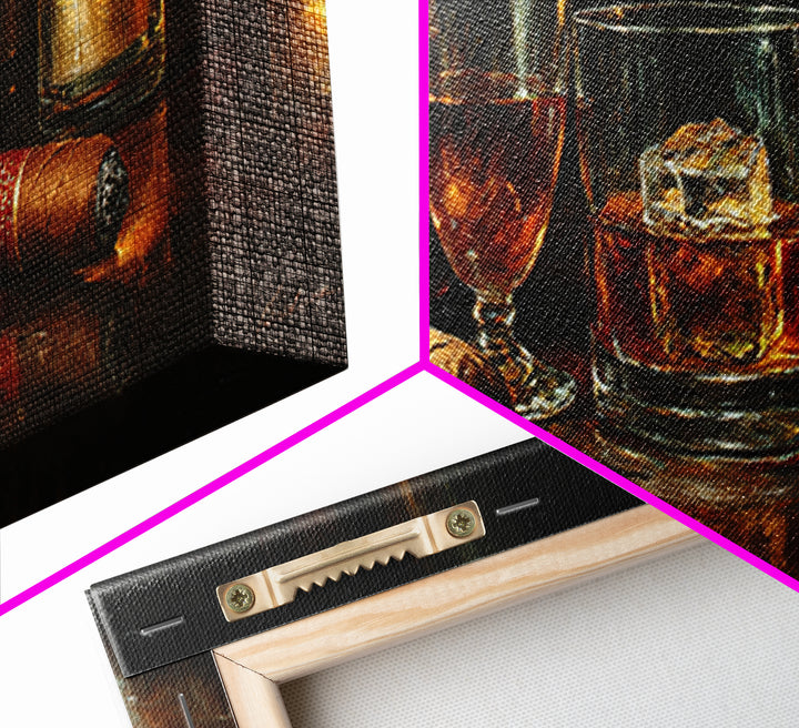 Dark Moody Cigar and Whiskey Still Life Framed Canvas Print, Bar Art, Bar Signs, Bar Decor, Fine Art, Modern Decor, BAR-3x1-1