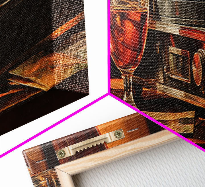 Wine and Record Player Lounge Still Life Framed Canvas Print, Bar Art, Cocktail Wall Art, Bar Decor, Fine Art, BAR-3x1-53