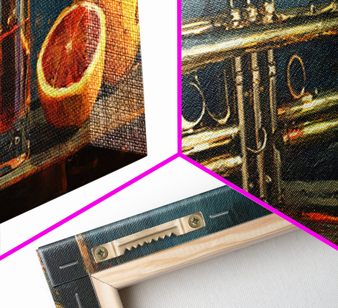 Moody Jazz Trumpet Beside a Half Full Framed Canvas Print, Bar Art, Kitchen Wall Decor, Bar Decor, Fine Art, BAR-3x1-58