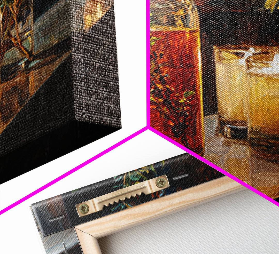 Gin Bottle with Botanicals and Juniper Branches Canvas Print, Bar Art, Bar, Bar Decor, Oil Painting, Living Room Art, BAR-3x2-83