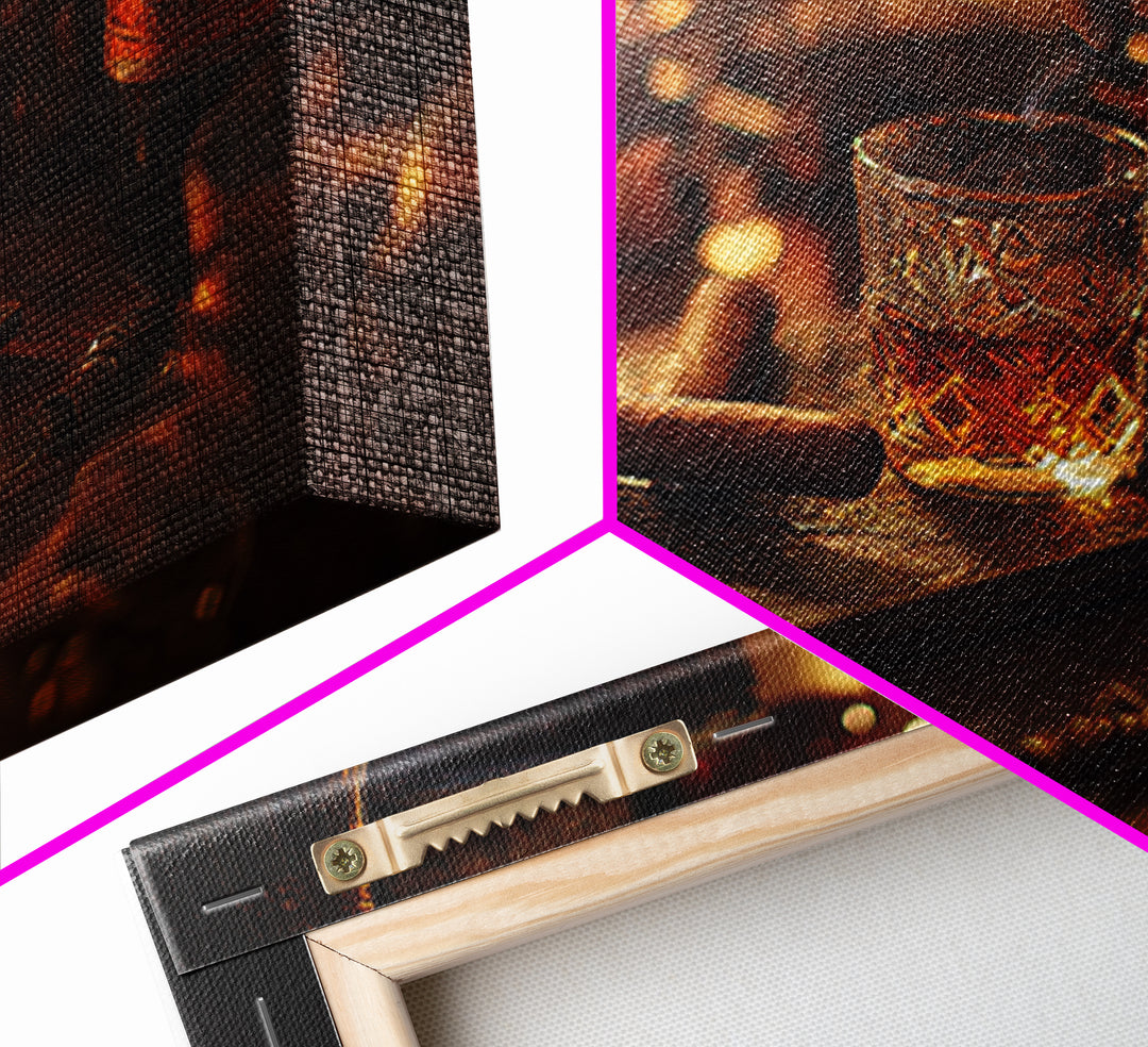 Dark Moody Cigar and Whiskey Still Life Framed Canvas Print, Bar Art, Statement Artwork, Bar Decor, Fine Art, BAR-3x2-85