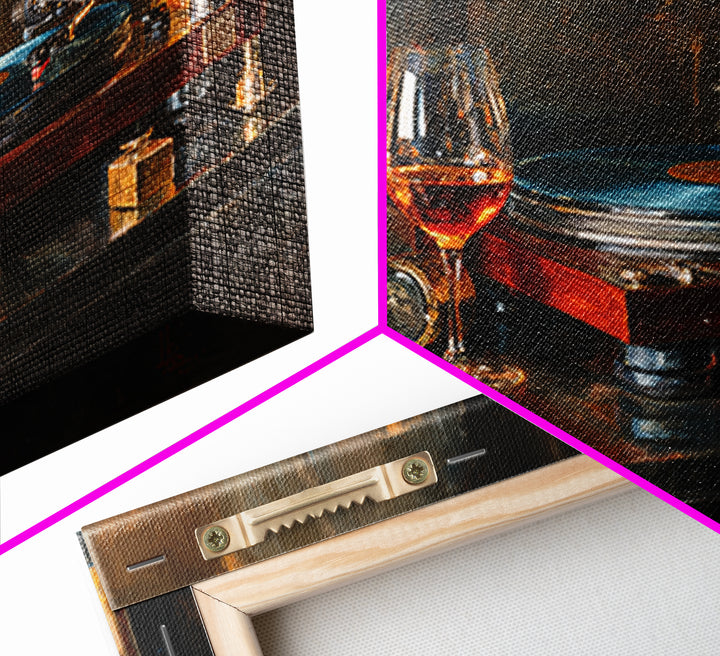 Wine and Record Player Lounge Still Life Canvas Print, Bar Art, Boho Decor, Bar Decor, Oil Painting, Art Print, BAR-3x2-89