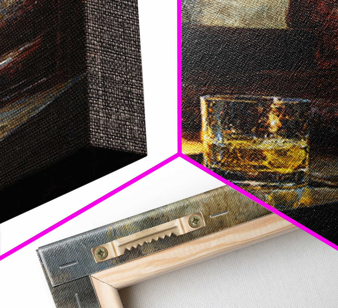 Whiskey Barrel and Leather Chair Mood Painting Canvas Print, Basement Art, Neutral Decor, Living Room Decor, Oil Painting, BAS-1x1-82