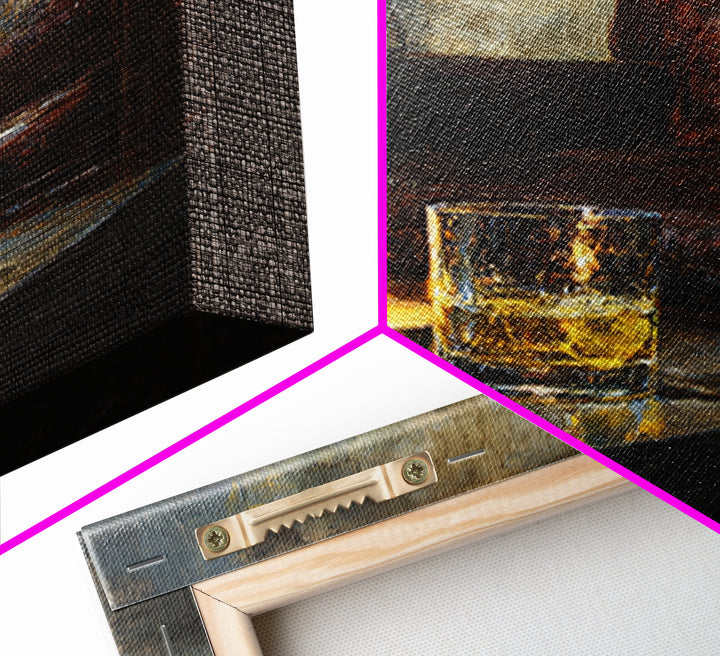 Whiskey Barrel and Leather Chair Mood Painting Canvas Print, Basement Art, Neutral Decor, Living Room Decor, Oil Painting, BAS-1x1-82