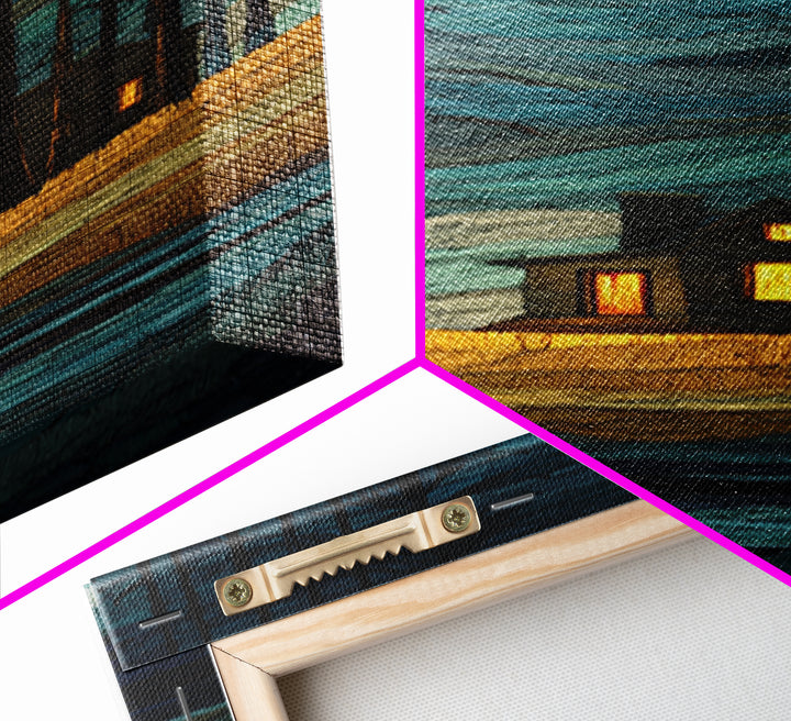 Forest Cabin Night Scene Canvas Print, Basement Art, Canvas, Living Room Decor, Retreat, Bar Art, Digital Art Download, BAS-1x3-27