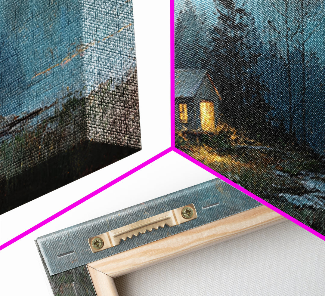Forest Cabin Night Scene Framed Canvas Print, Basement Art, Contemporary Art, Living Room Decor, Oil Painting, Retreat, BAS-2x1-83