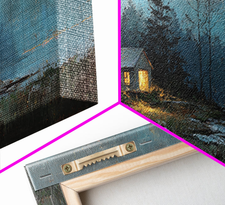 Forest Cabin Night Scene Framed Canvas Print, Basement Art, Contemporary Art, Living Room Decor, Oil Painting, Retreat, BAS-2x1-83