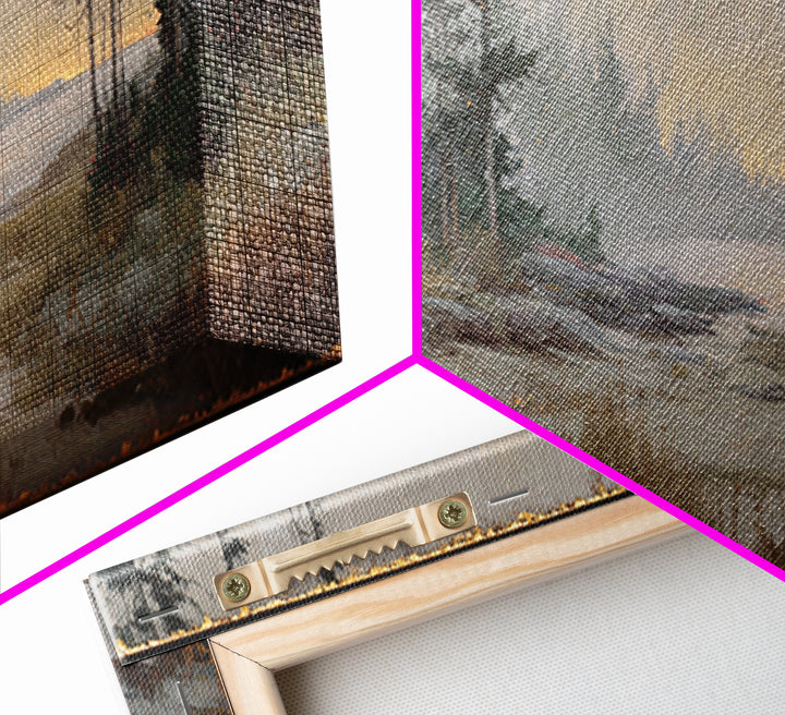 Forest Cabin Night Scene Canvas Print, Basement Art, Luxury Decor, Living Room Decor, Fine Art, Retreat, Oil Painting, BAS-3x1-31