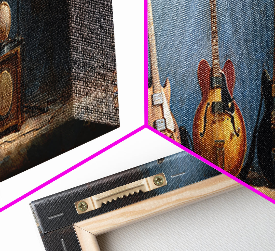 Classic Rock Guitar Still Life Framed Canvas Print, Basement Art, Cocktail Art, Living Room Decor, Fine Art, Retreat, BAS-3x1-69