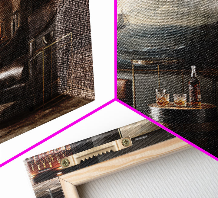 Whiskey Barrel and Leather Chair Mood Painting Framed Canvas Print, Basement Art, Man Cave Decor, Living Room Decor, Retreat, BAS-3x2-86