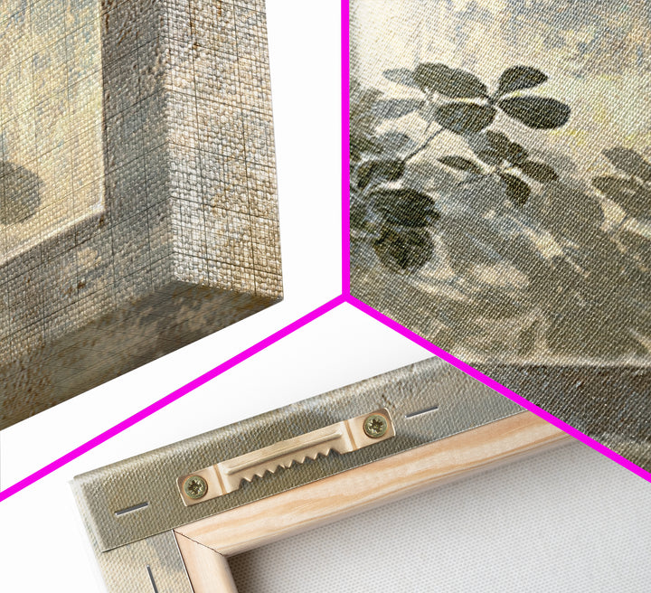Sunlit Window Plant Shadow on Plaster Framed Canvas Print, Bathroom Art, Unique Wall Art, Bathroom Decor, Abstract Art, Spa, BAT-1x1-66
