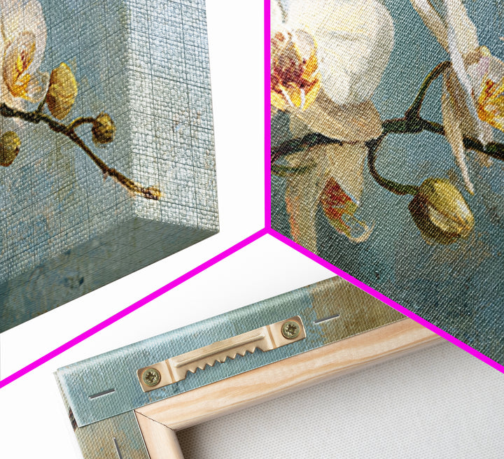 White Orchid on Warm Stone Background Framed Canvas Print, Bathroom Art, Textured Painting, Bathroom Decor, Fine Art, Spa, BAT-2x1-24